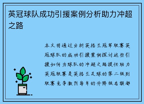 英冠球队成功引援案例分析助力冲超之路 英冠球队成功引援案例分析助力冲超之路