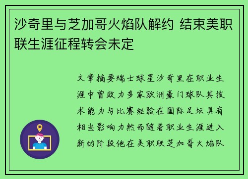 沙奇里与芝加哥火焰队解约 结束美职联生涯征程转会未定 沙奇里与芝加哥火焰队解约 结束美职联生涯征程转会未定